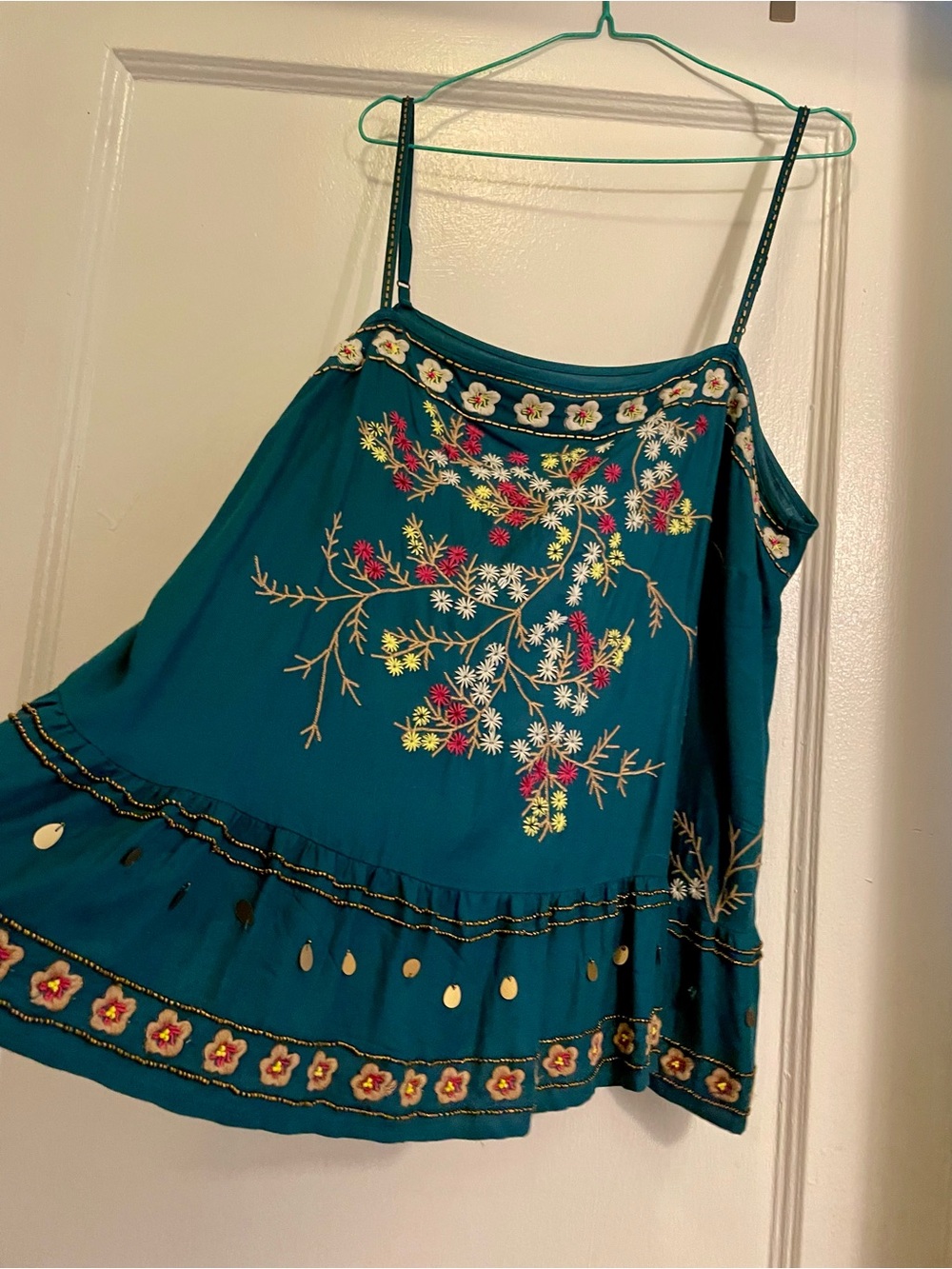 Anthropologie Teal Embroidered, Beaded  Floral Tank with Sequin Accents, XL -nwt